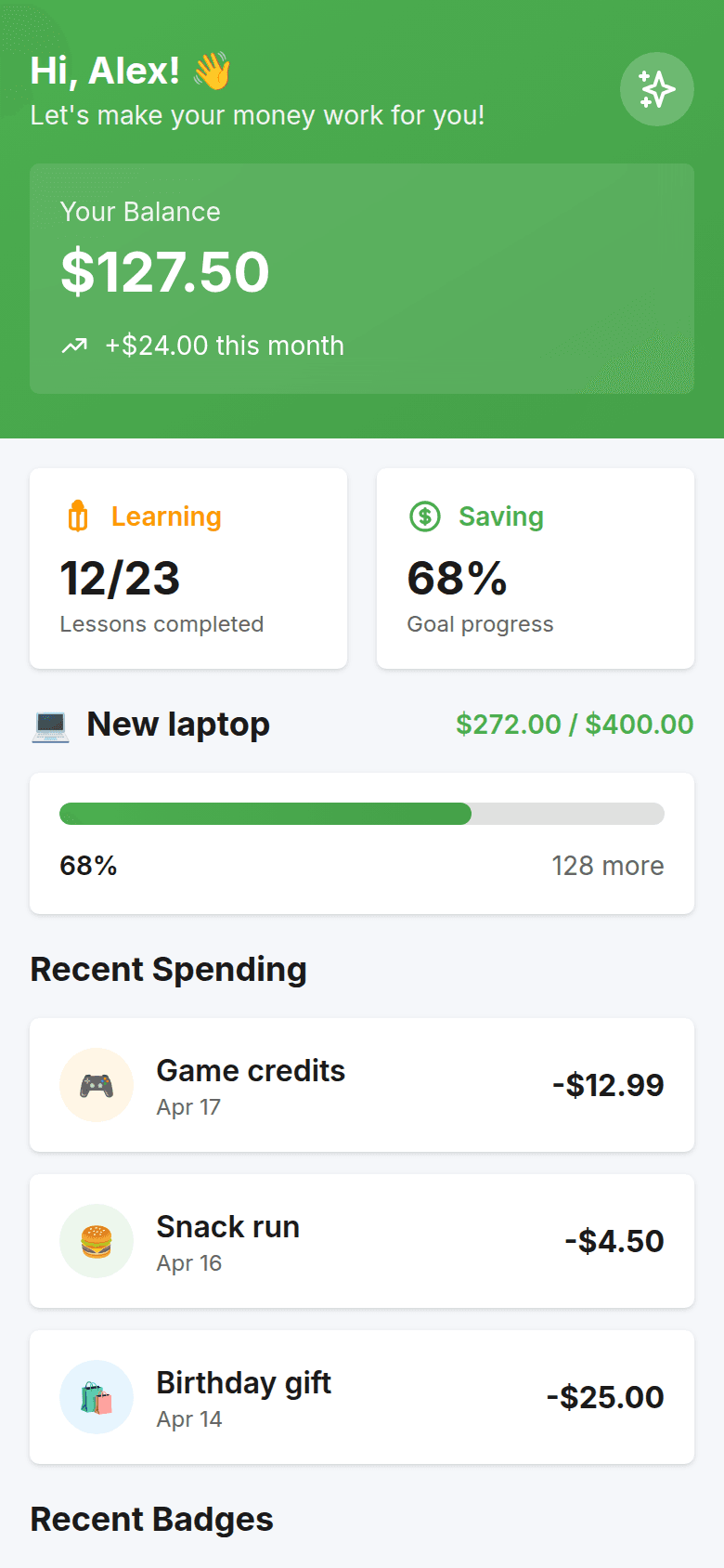 Kind Finance kid home dashboard with balance and activity